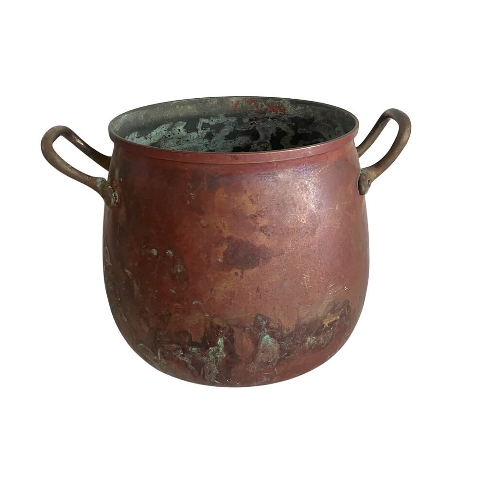 Vintage Copper Cauldron Double Brass Handle Pot Belly Primitive Tagus Kettle